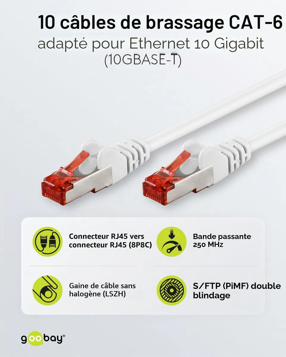 goobay Lot de 10 câbles réseau CAT6 blindés S/FTP/CU Ethernet PiMF LSZH/Cat 6 avec 10 Gbits Blanc 10 x 3 m 65988
