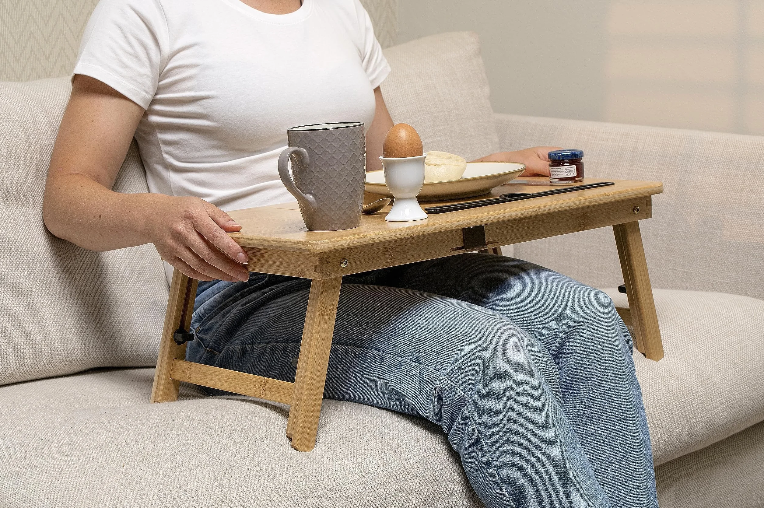 Table d'ordinateur Portable réglable - 21,5 x 27,5 cm - avec Porte-gobelet et Emplacement pour Tablette - Bambou