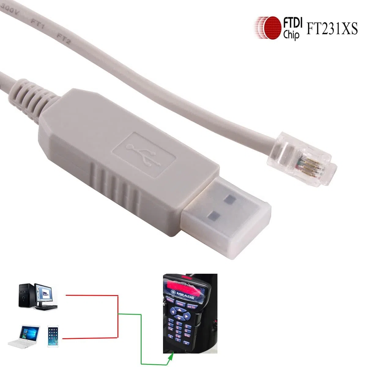 Autostar Audiostar RS232 Câble de mise à niveau USB vers RJ9 pour télescopes Meade #505 ETX127 ETX125 ETX-90 LXD75 LX80 LX90 LX65 Longueur : 4,8 m