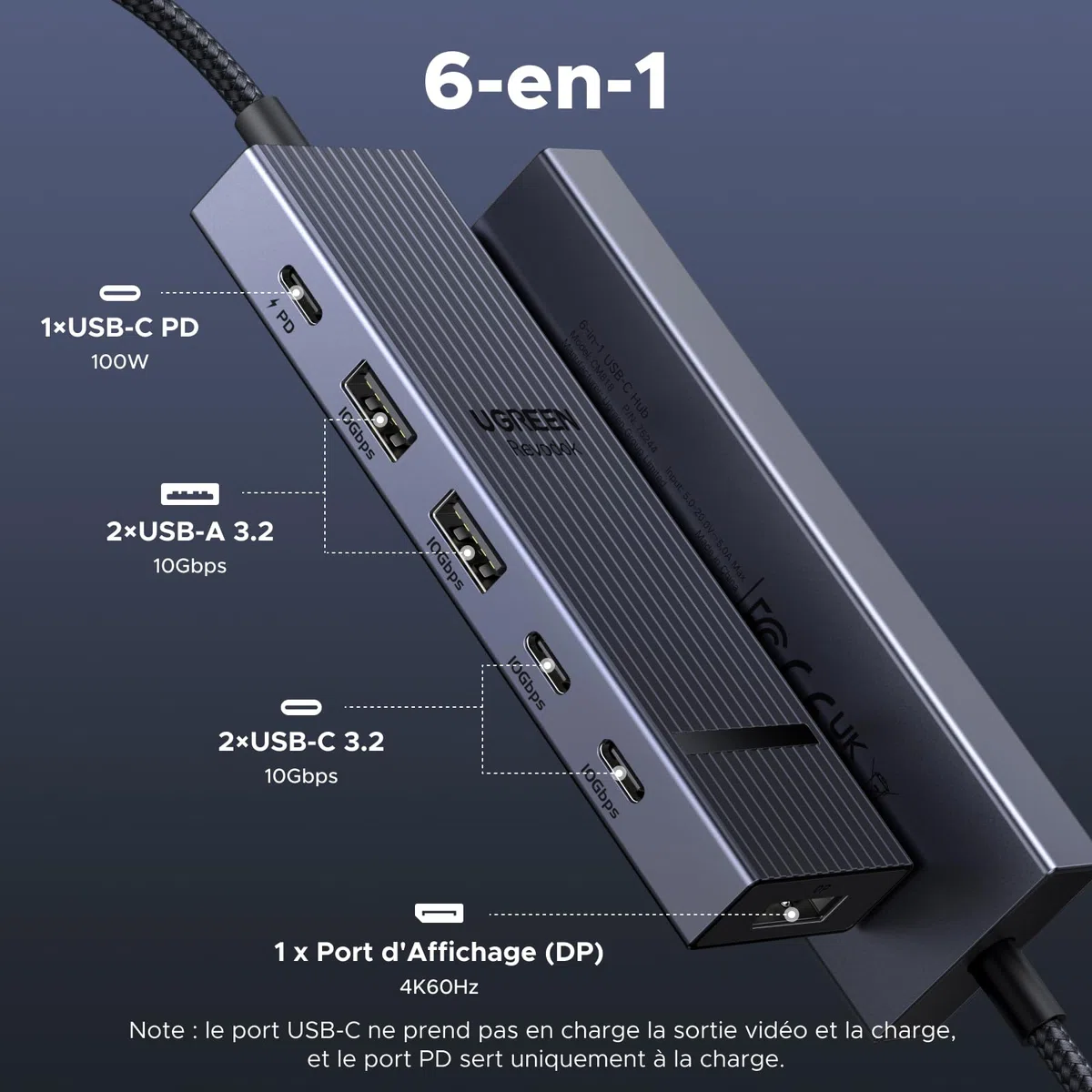 UGREEN Revodok Pro 1062 Hub USB C DisplayPort 4K 60Hz 4 Data Ports 2A2C 10Gbps PD 100W 6 en 1 Dock USB C DP Compatible avec MacBook Neo iPad Air Mac Mini M4 iPhone 17 Pro Max 16 15 Série Galaxy S26