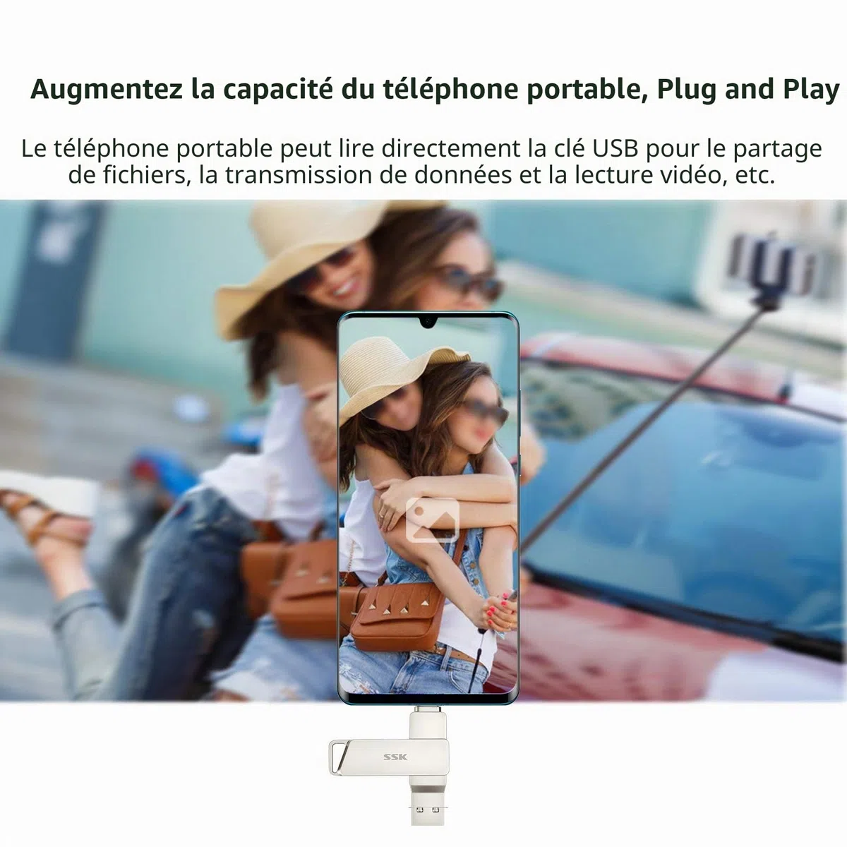 SSK 128 Go Double Cle USB 3.2 Type-C jusqu'à 200 Mo/s, Clé USB-C Flash Drive Pivotant Conception, Clef USB pour iPhone15/16 Pro/Android Smartphone/Tablettes/Mac/PC et Plus