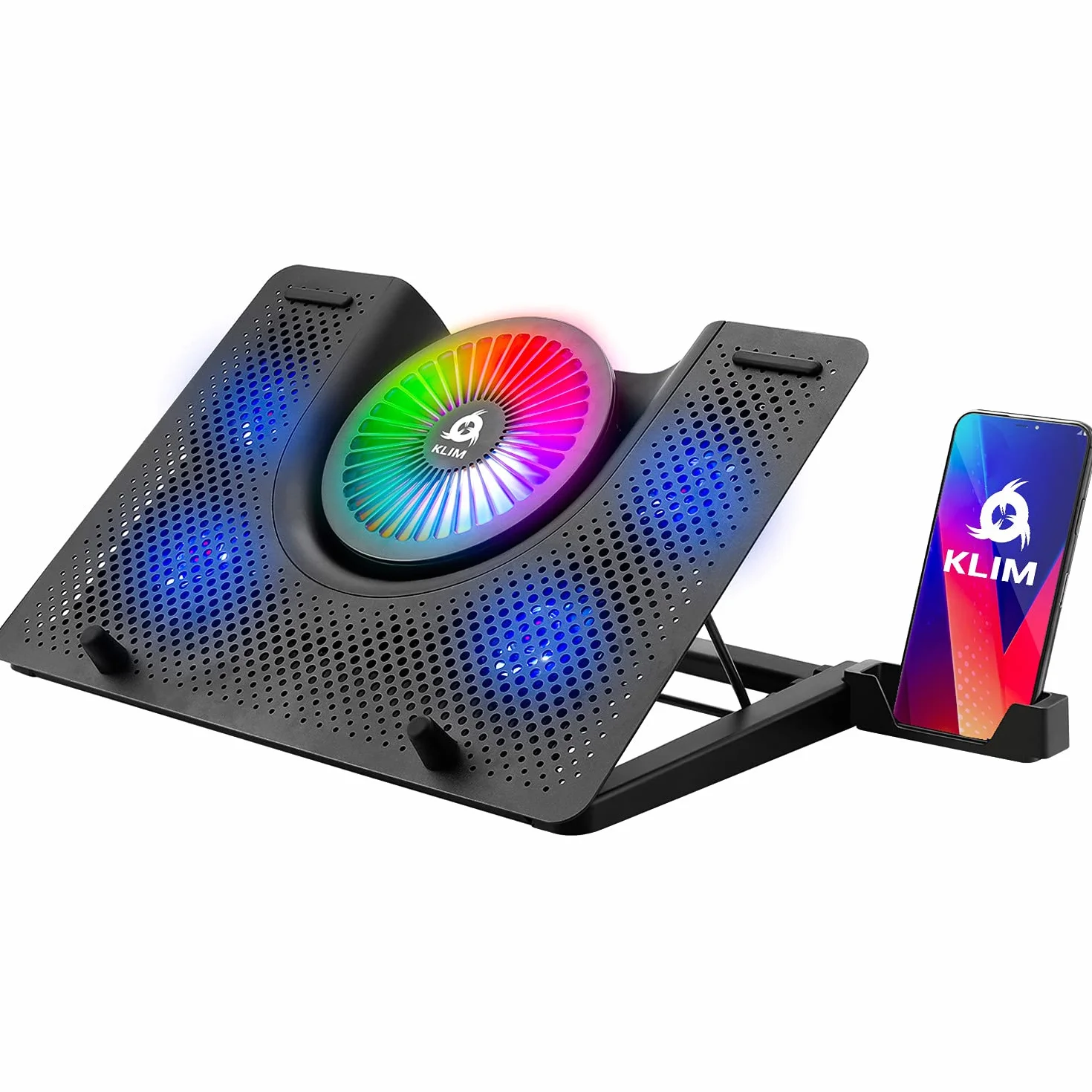 KLIM Nova - Refroidisseur PC Portable - 11" à 17" - Éclairage RGB - Support Ordinateur Portable Gaming - Ventilateur USB - Stable et Silencieux - Compatible avec Mac et PS4 - Nouveauté