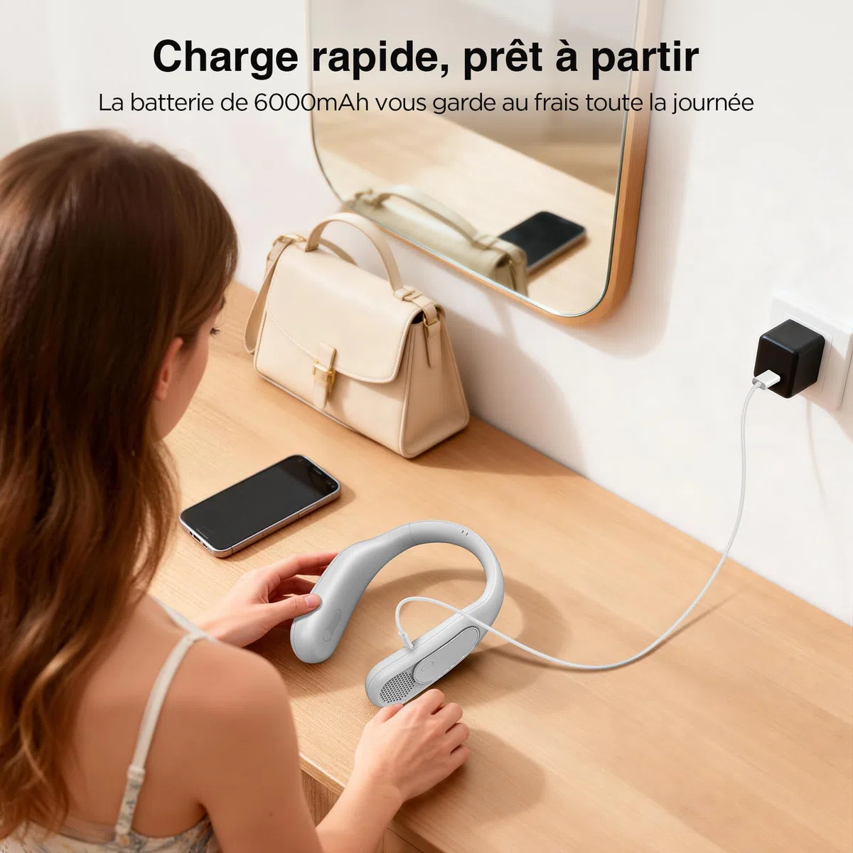 Ventilateur de Cou,Ventilateur Portable Cou Sans Lame Rechargeable 6000mAh, Ventilateur USB à 4 Vitesses, Idée Cadeau pour Hommes et Femmes, Intérieure et Extérieure Voyages（Blanc）