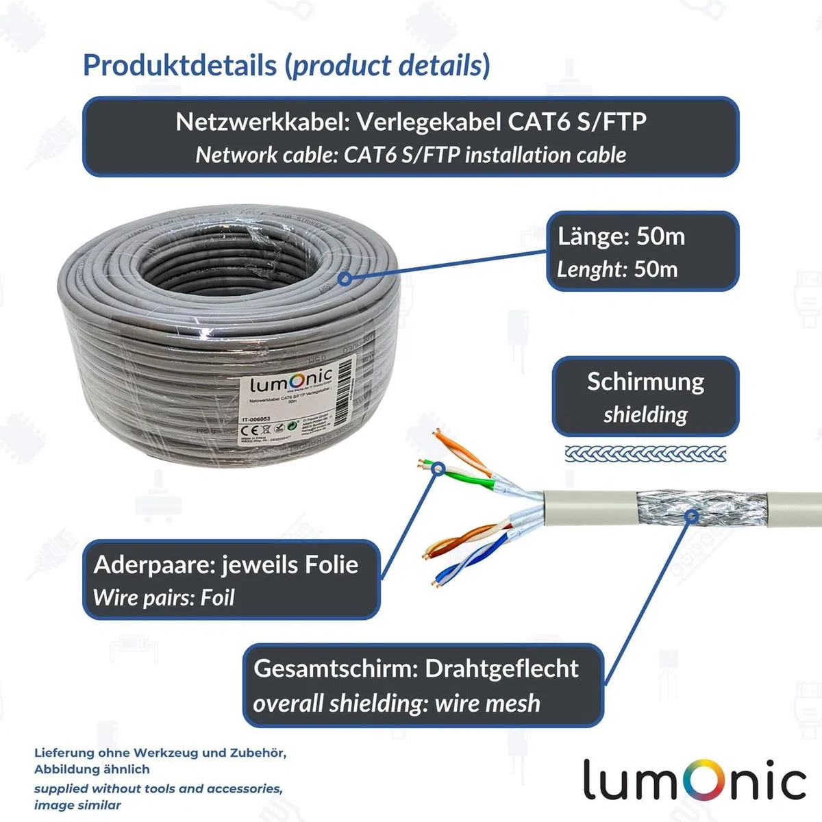 Lumonic 50m Câble de réseau CAT 6 S/FTP PIMF I Cat6-câble, Gigabit Lan Câble, Ethernet Câble I Câble de pose flexible blindé, pour l'intérieur jusqu'à 250 MHz
