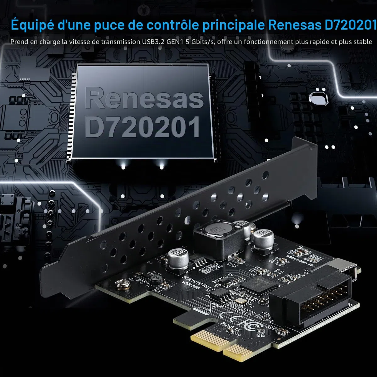 USB 3.2 GEN1 Type-e (clé A) en Face Avant (vers Type-C en Face Avant) 5 Gbps