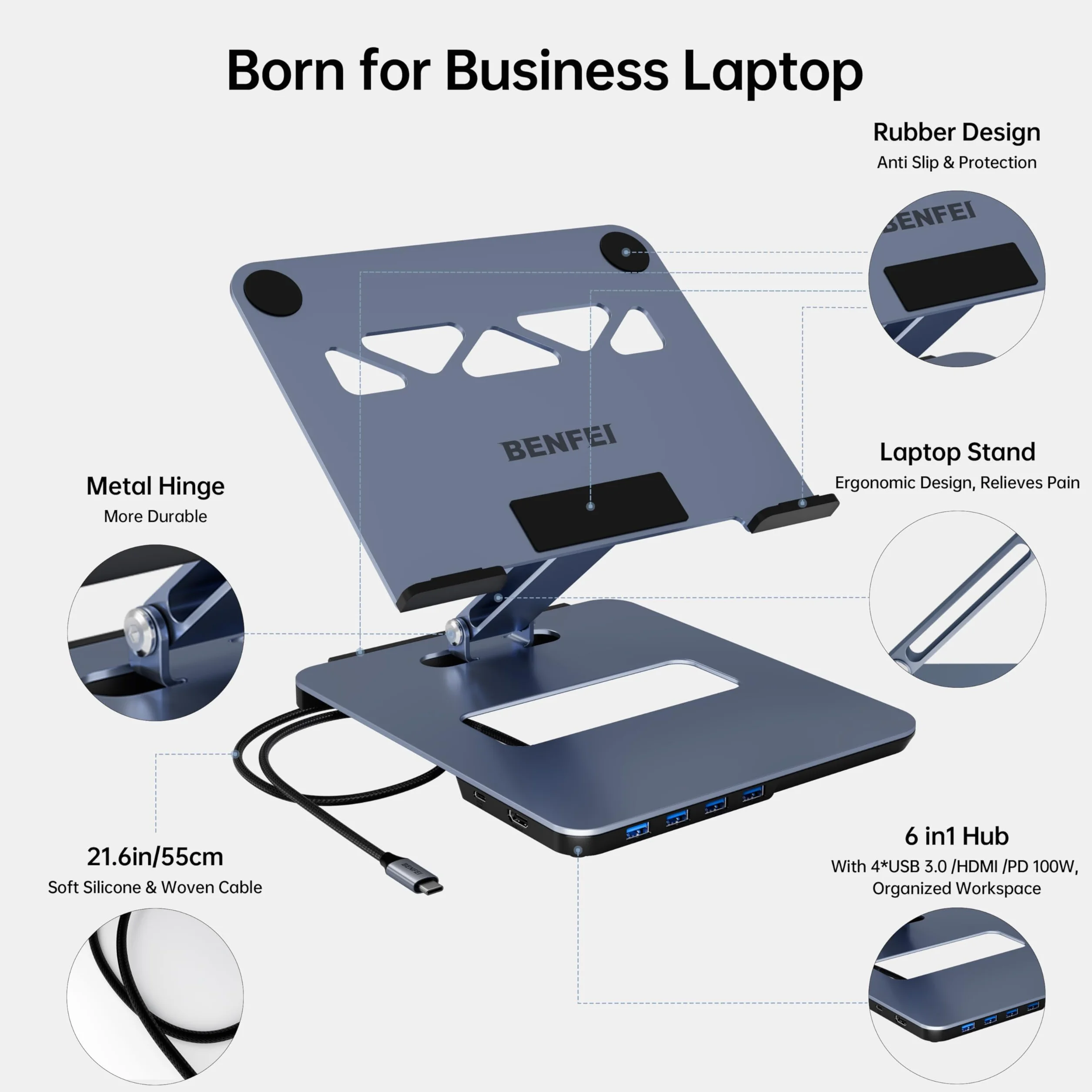 BENFEI Support Ordinateur Portable avec Hub 6 en 1, HDMI 4K@60Hz, 4*USB 3.0, PD 100W, Alliage D'aluminium, Refroidissement Rapide, Compatible avec MacBook Pro/Air, iPad Pro, XPS, Thinkpad