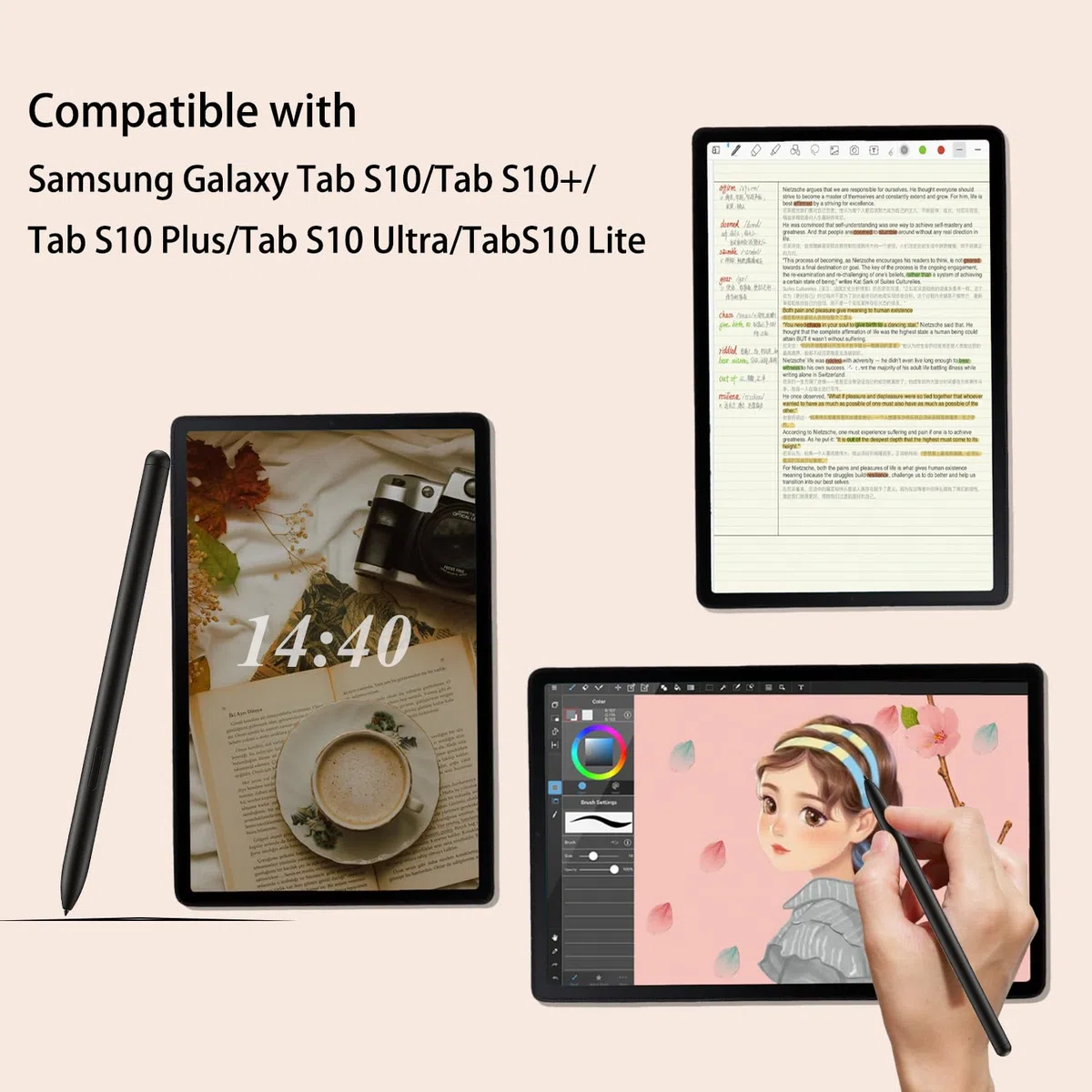 Stylet de rechange pour Galaxy Tab S10 S (sans Bluetooth) pour Samsung Galaxy Tab S10/Tab S10+/Tab S10 Plus/Tab S10 Ultra/Tab S10 Lite Stylet avec pointe gratuite, noir