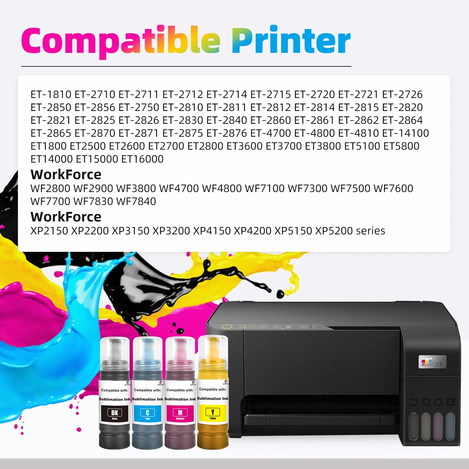 Encre de sublimation compatible avec 2810 1810 2710 2714 2711 2726 2850 2820 2830 2815 2820 2856 2876 2750 2700 2870 2871 2811 2860. Imprimante 2861 3850 4850 4500 2650 (BK/C/M/Y, lot de 4