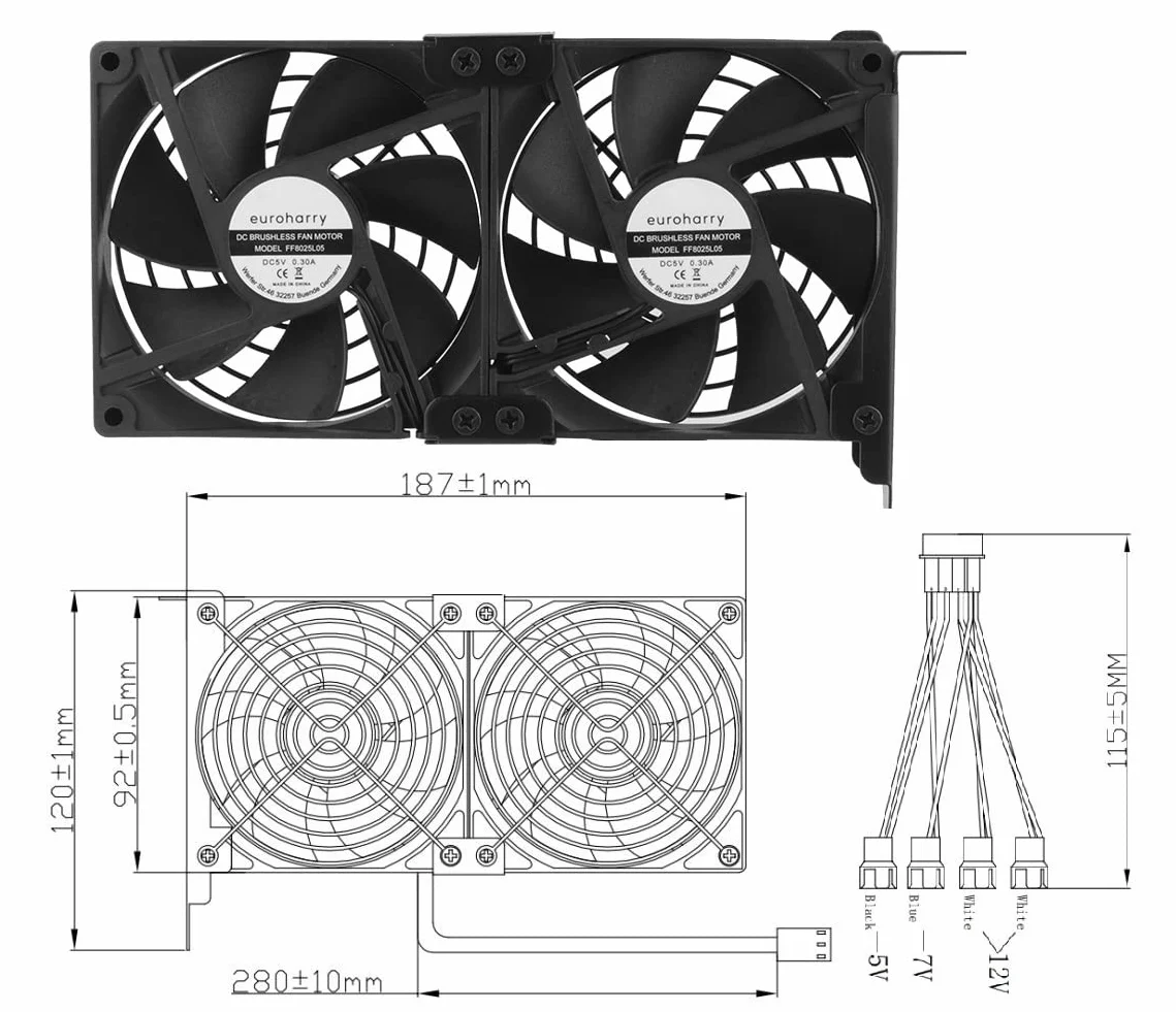 Ventilateur de Carte Graphique 2 x 92 mm - Flux d'Air Élevé, Refroidisseur de Support PCI - GPU, Compatible 5V, 7V, 12V et Carte Mère