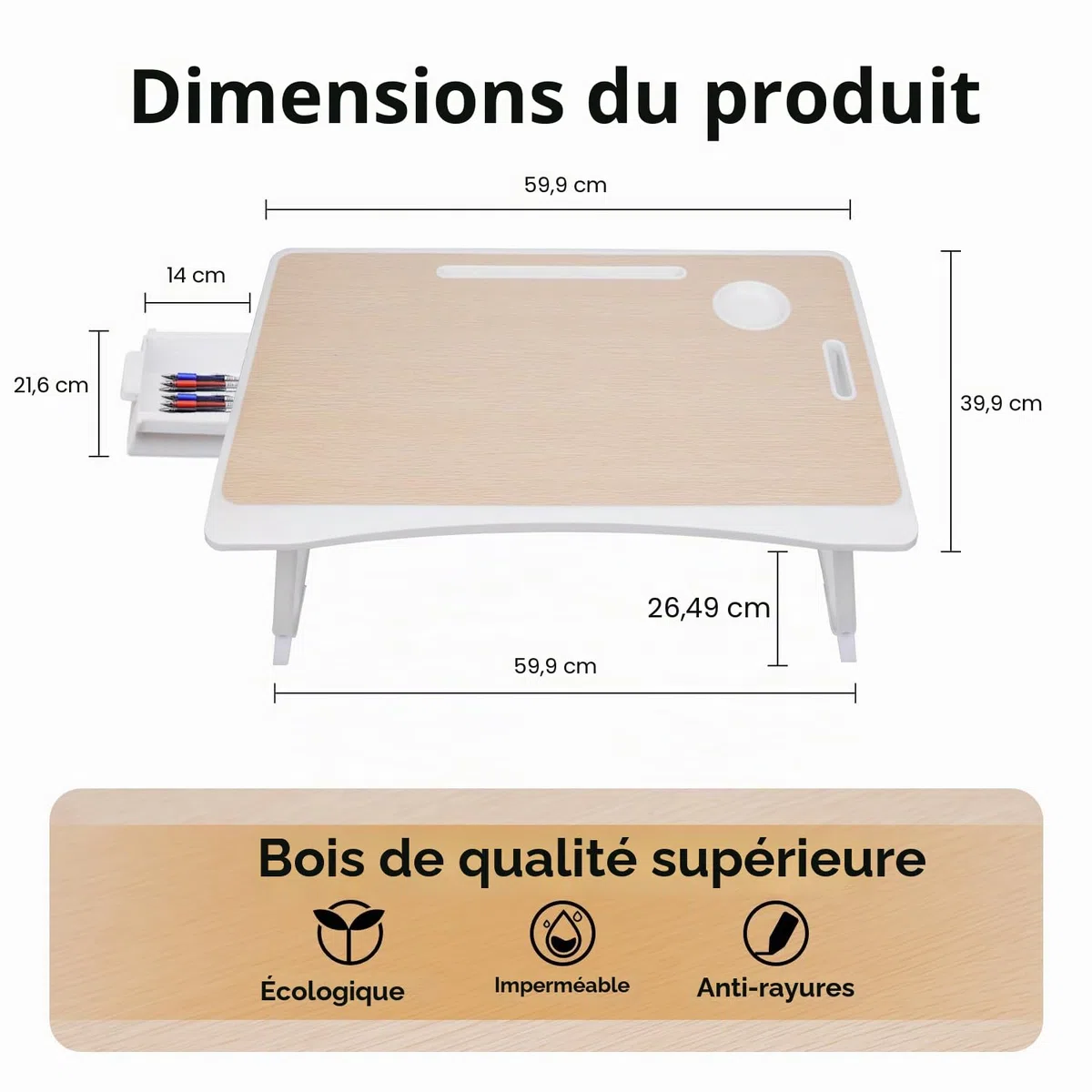 Amaredom Table pour Ordinateur Portable, Table de Lit, Support pour Ordinateur Portable, Support de Lecture avec Tiroir de Rangement et Porte-gobelet pour Boire sur Le Lit/Canapé - Chêne Blanc