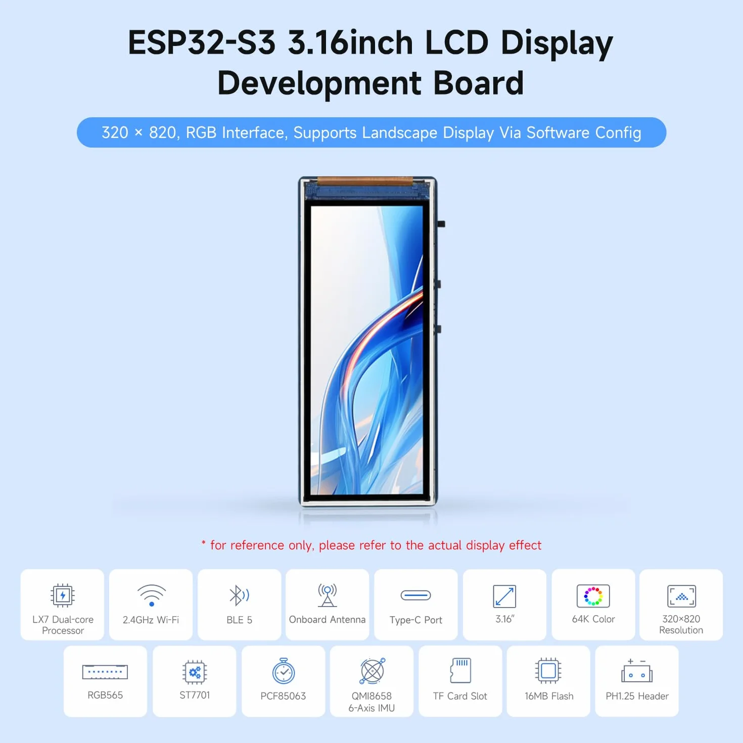 Waveshare ESP32-S3 3.16inch Display Development Board, 320x820 Pixels, 262K Color, 32-bit LX7 Dual-Core Processor, Up to 240MHz Frequency, WiFi & BT 5, Accelerometer and Gyroscope Sensor