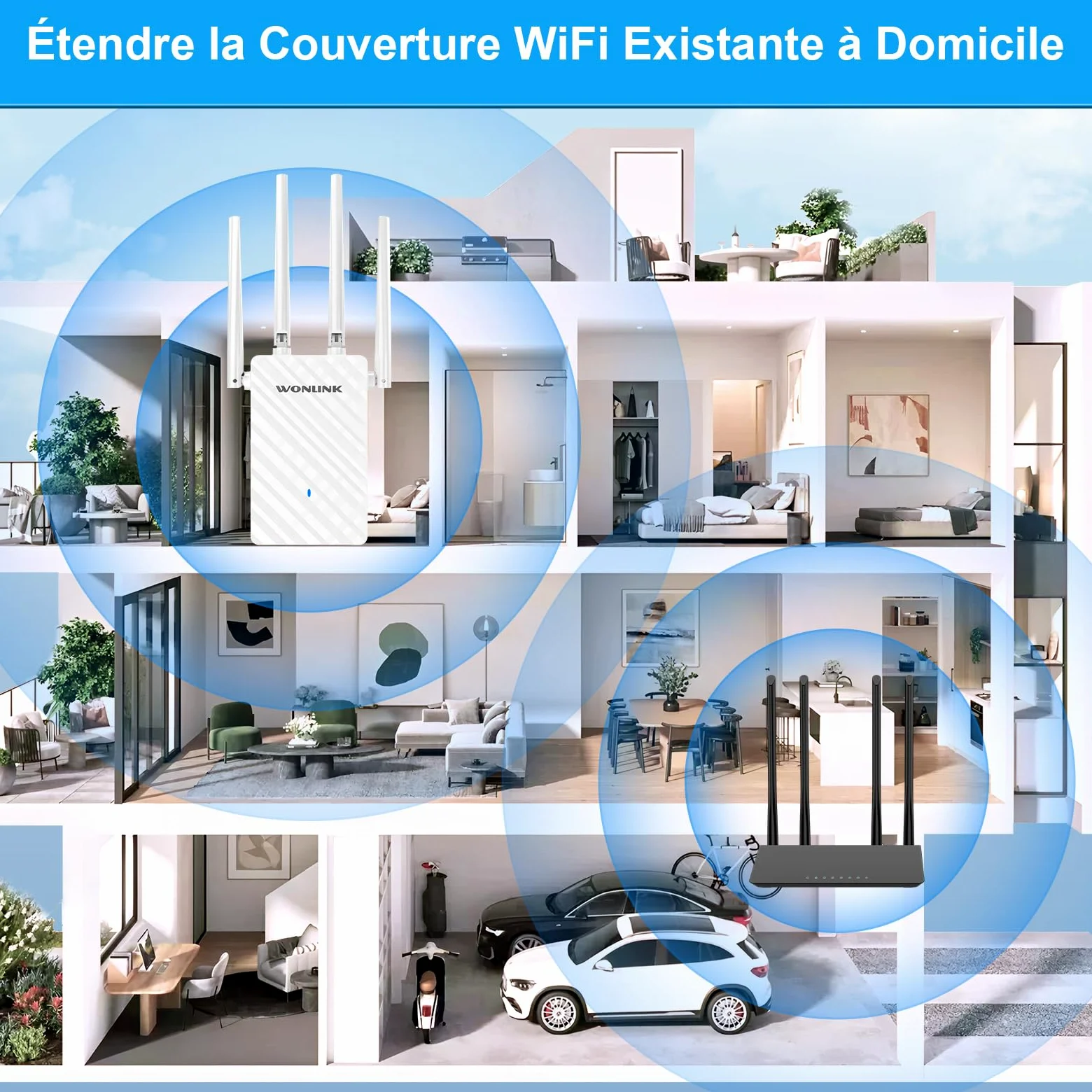 Répéteur WiFi Puissant AC1200 Mbps, Amplificateur WiFi Puissant Double Bande WiFi Extender avec 4 Antennes, Port Ethernet, Couvre jusqu'à 100 m², Compatible avec Toutes Les Box Internet