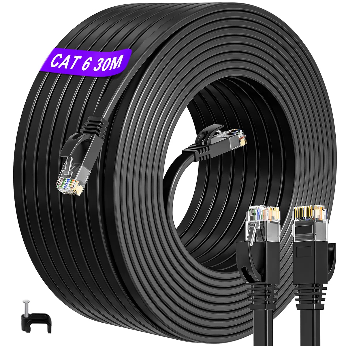 ikbc Cable Ethernet 30m, Cat 6 Cable RJ45 30m Haute Débit Câble Réseau, Long Câble Interent 30 Metre Plat, Cuivre Cable Patch Noir pour Routeur -30 Clips