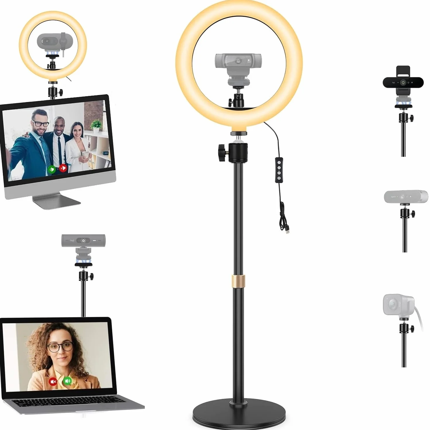 Support lumineux pour webcam, anneau lumineux de 26 cm avec support de bureau et support magnétique compatible avec Logitech C920 StreamCam C922 C930 C925 C615 BrioWebcams