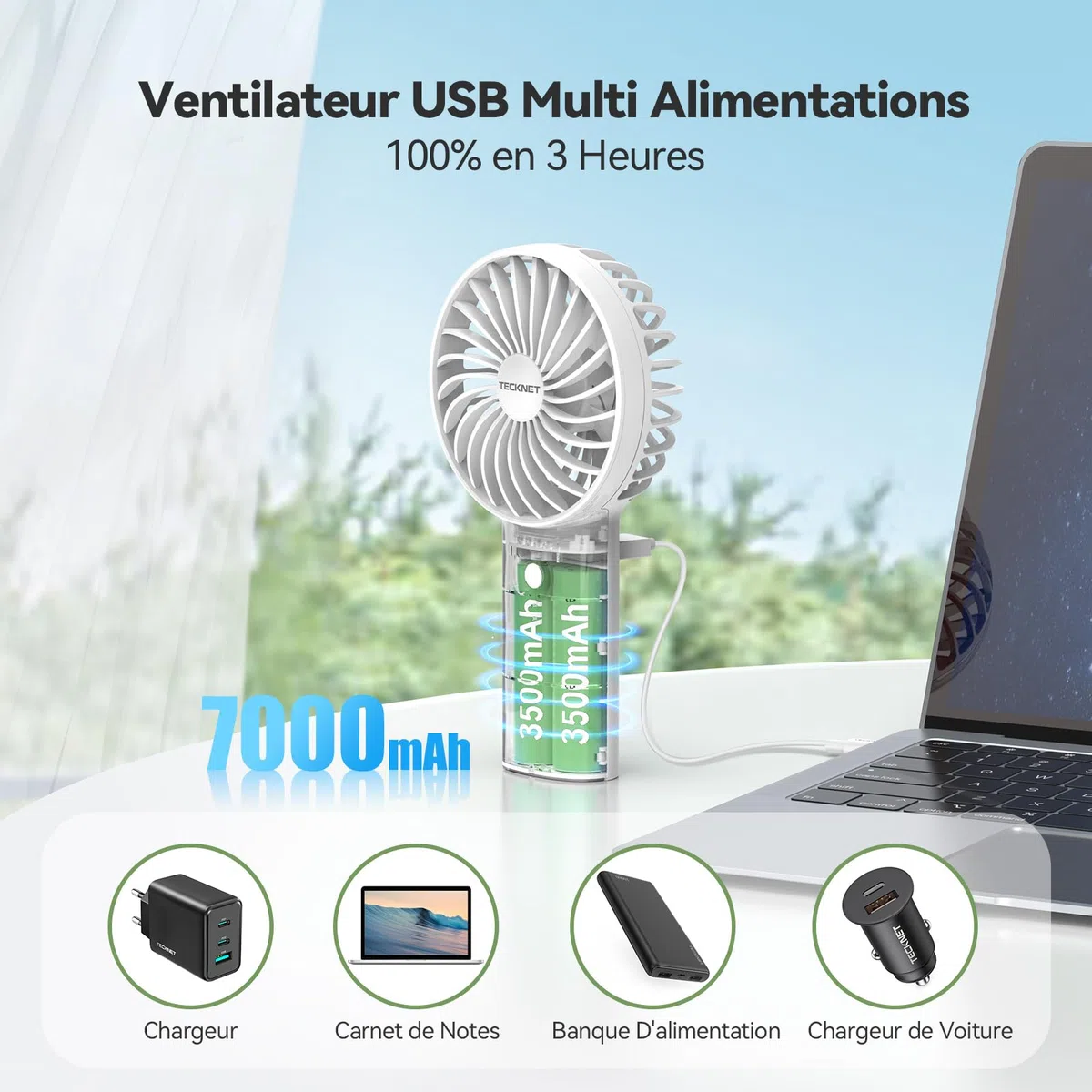 TECKNET Mini Ventilateur Portable 7000mAh, Ventilateur USB avec Fonction Power Bank, Ventilateur Silencieux à 3 Vitesses Réglables, Ventilateur de Poche pour Bureau/Voyage/Extérieur, Blanc
