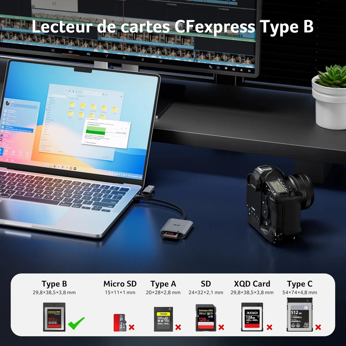 Acer Lecteur de Carte CFexpress Type B 10Gbps, Card Reader CFB USB-C et USB-A 3.2 Gen 2, Adaptateur Carte Mémoire CFe Type B 1250MB/s pour PC, iPhone17, Samsung S26, MacBook, iPad Pro, etc.
