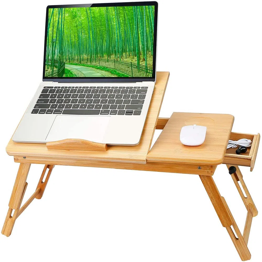 Plateau Réglable pour Ordinateur Portable Lapdesk en Bambou, Table Pliante Portable avec Tiroir et Trous de Refroidissement, Canapé-Lit Plateau de Repas de Travail 66 * 30 * 35 cm-Couleur Bois