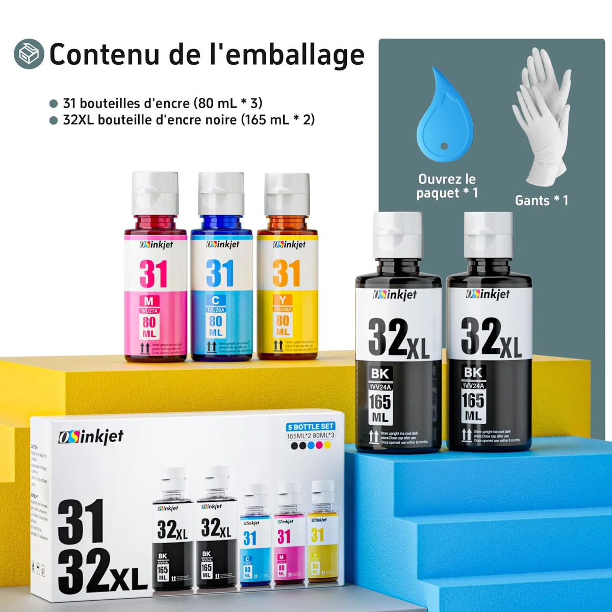 31 32xl Encre Multipack Compatible avec HP Smart Tank 5105 5106 570 7305 7306 7005 7006 7605 655 455 555 559 Imprimante, 32 XL Encre(2BK CM Y)