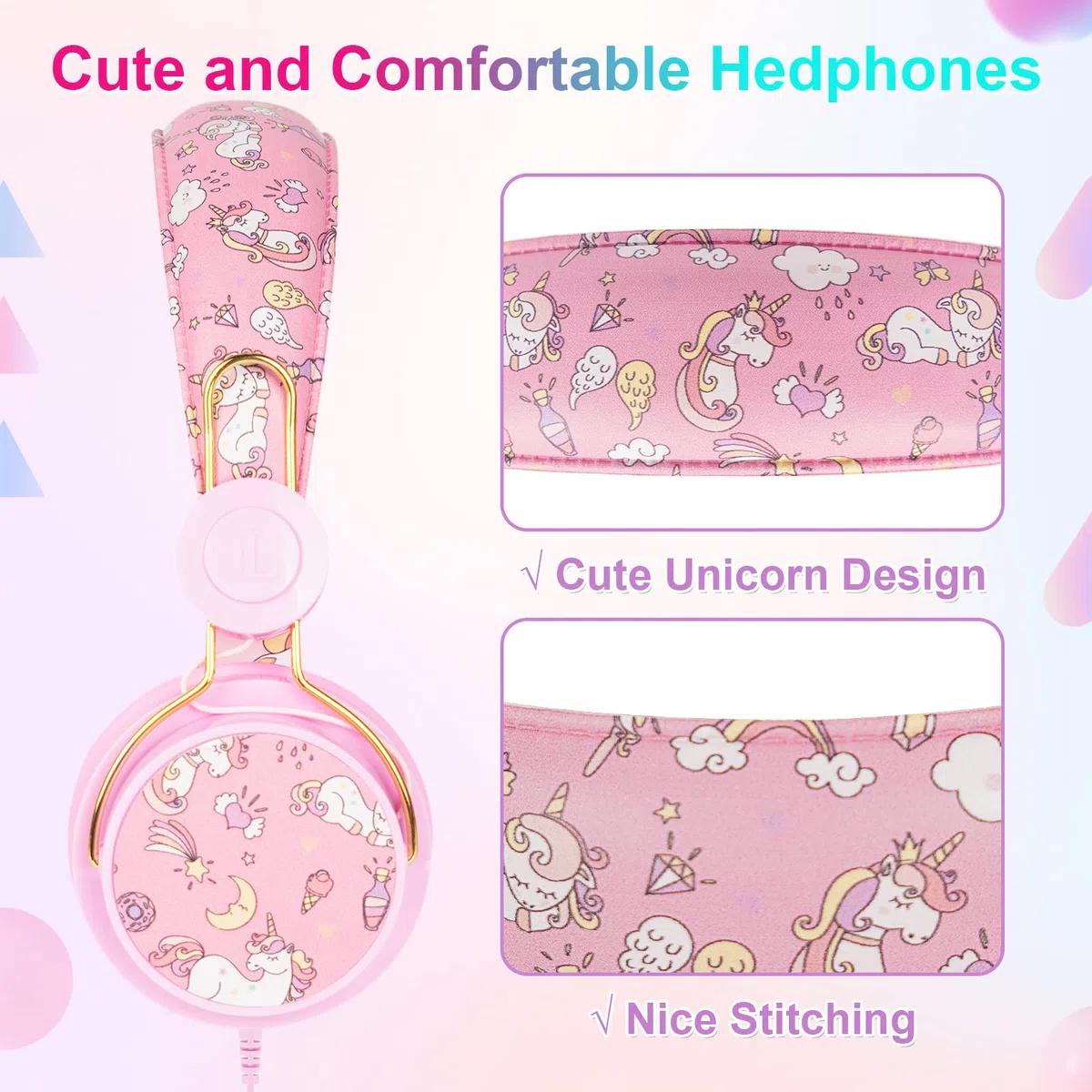 JYPS Casque Audio Enfant, Licorne/Dinosaures Casque Filaire pour Enfants avec Micro pour Filles/Garçon de 3 à 10 Ans, Musique Ecouteurs pour iPad/Tablet l'école-Cadeau Licorne pour Filles (Rose)