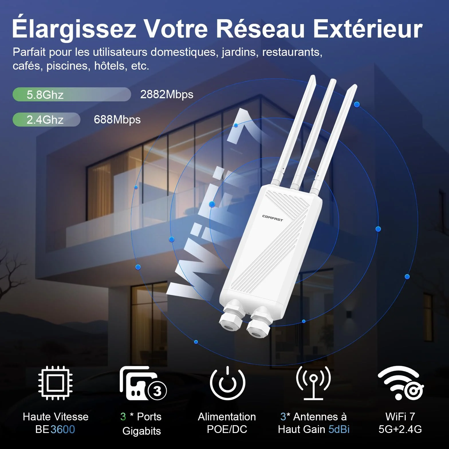 COMFAST Répéteur WiFi 7 Extérieur BE3600 Mbps, Outdoor Point d'accès Double Bande 2.4G/5GHz avec 3 Antenne, 3 Port Gigabit, 48V PoE/12V DC, IP66, MU-MIMO, Longue Portée Repetiteur WiFi Exterieur