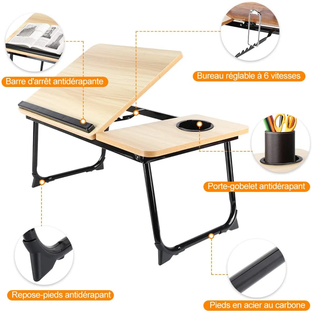 Table de lit Pliable et réglable, Plateau pour Ordinateur Portable avec Plateau inclinable, tiroir, Bureau de lit en Bambou,Support d'Ordinateur (56 * 33 * 24cm)