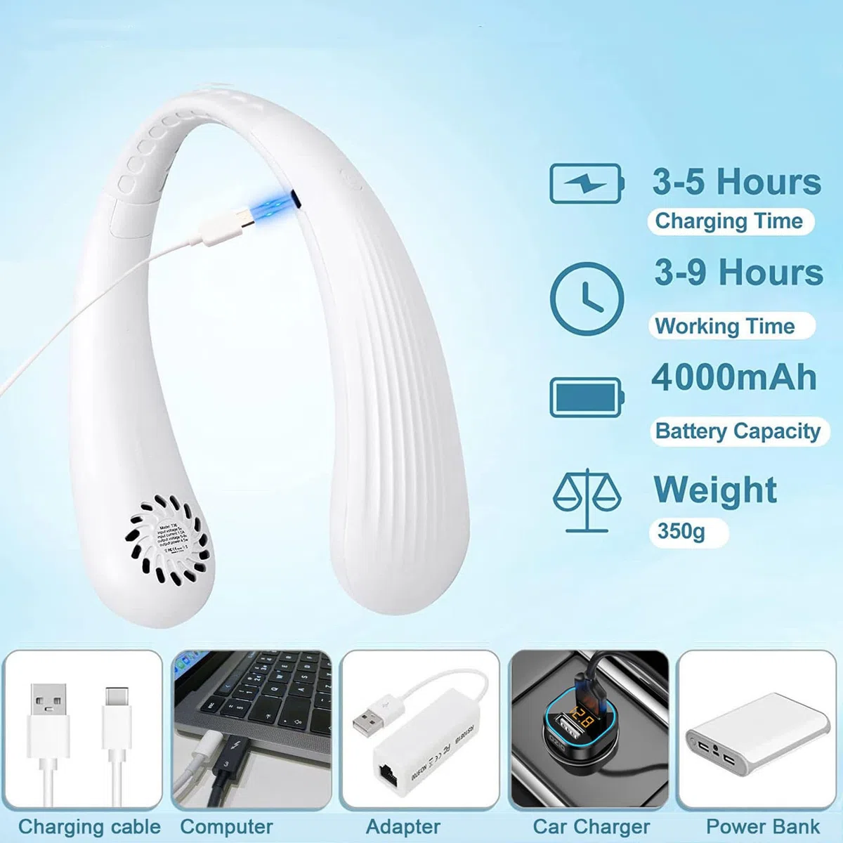 Ventilateur Cou Portable USB, 4000mAh Sans Lame Silencieux, Collier Nuque Refroidisseur Rechargeable 3 Vitesses, pour Bureau, Domicile, Voyage (Blanc Pur)
