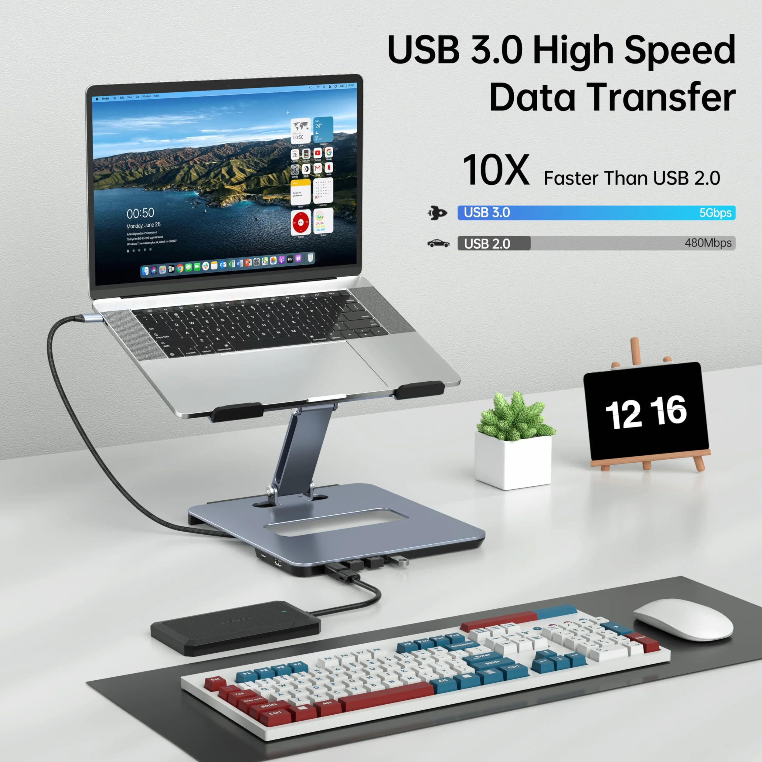 BENFEI Support Ordinateur Portable avec Hub 6 en 1, HDMI 4K@60Hz, 4*USB 3.0, PD 100W, Alliage D'aluminium, Refroidissement Rapide, Compatible avec MacBook Pro/Air, iPad Pro, XPS, Thinkpad