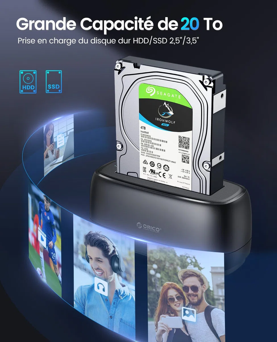 ORICO SATA SSD/HDD Dock pour Disque Dur, USB 3.0 Station d'accueil pour Dique Dur de 2,5 et 3,5 Pouces, Supporte UASP et Les disques de 20To(DD18U3)