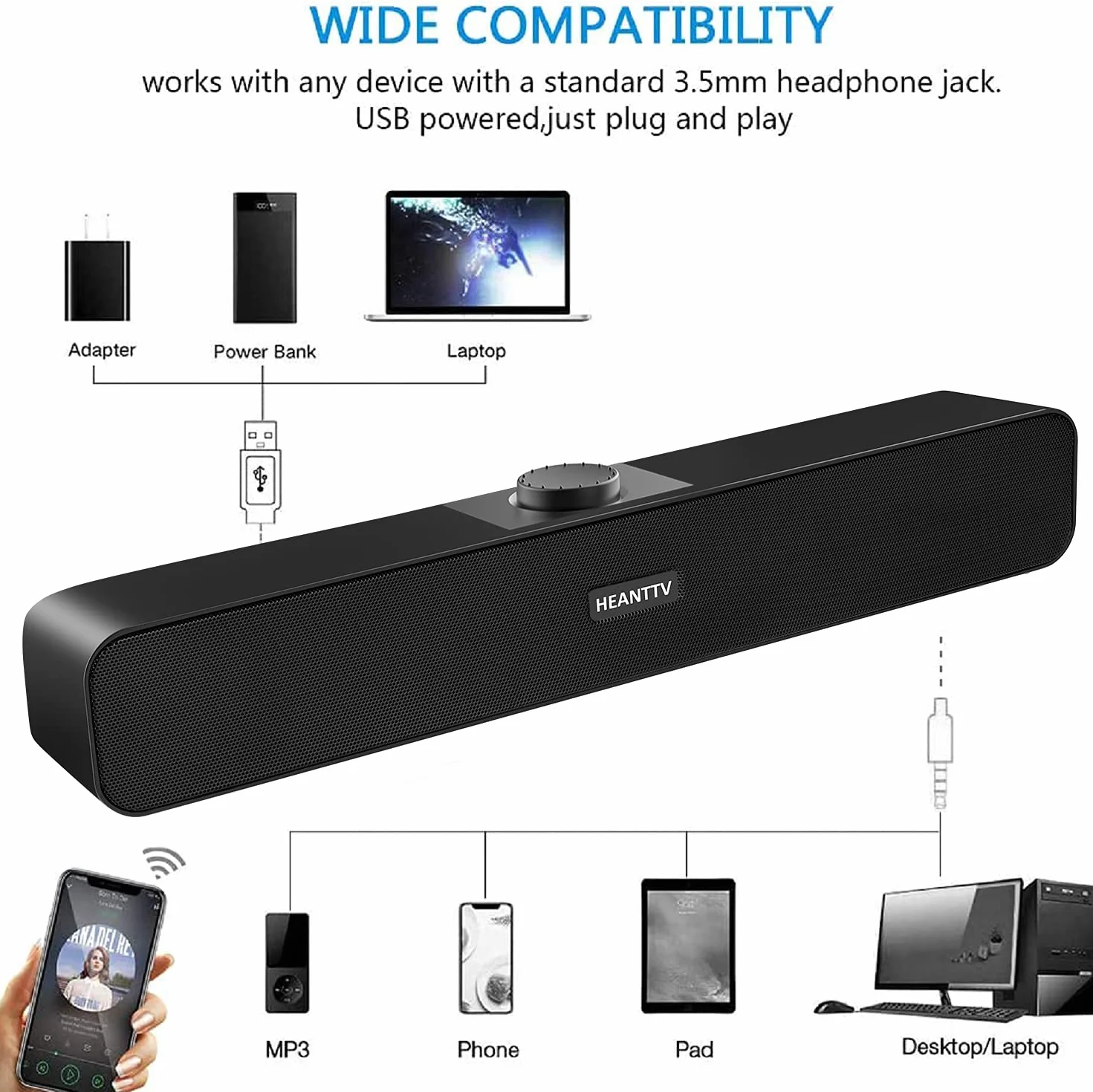 Haut-Parleurs PC, Enceintes d'Ordinateur USB 2.0 2 * 3W 3,5mm Barre de Son PC Filaire Alimenté avec 2 Diaphragmes Portatifs Stéréo 3D, Barre Audio pour Bureau Carnet Laptop, Plug and Play