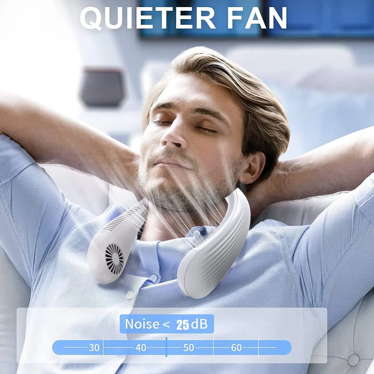 Ventilateur cou Portable,USB Ventilateur 4000mAh Rechargeable sans lame Silencieux personne Collier Ventilateur Nuque Refroidisseur 3 Vitesses, pour Bureau (Blanc)