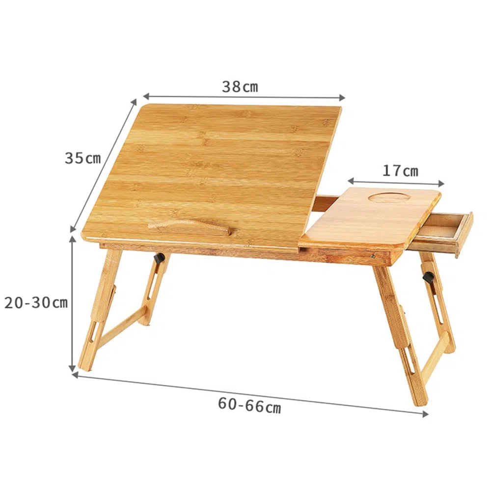 Plateau Réglable pour Ordinateur Portable Lapdesk en Bambou, Table Pliante Portable avec Tiroir et Trous de Refroidissement, Canapé-Lit Plateau de Repas de Travail 66 * 30 * 35 cm-Couleur Bois