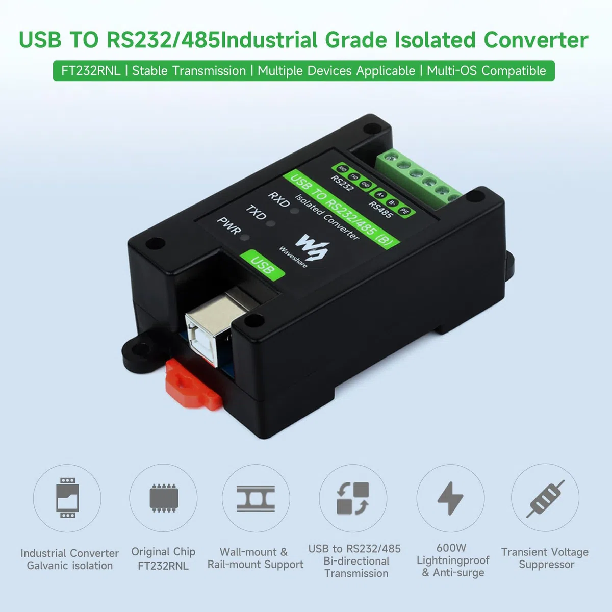 Waveshare USB To RS232/485 Industrial Grade Isolated Converter, Onboard Original FT232RNL Chip, Multiple Protection, Wall-Mount And Rail-Mount Support