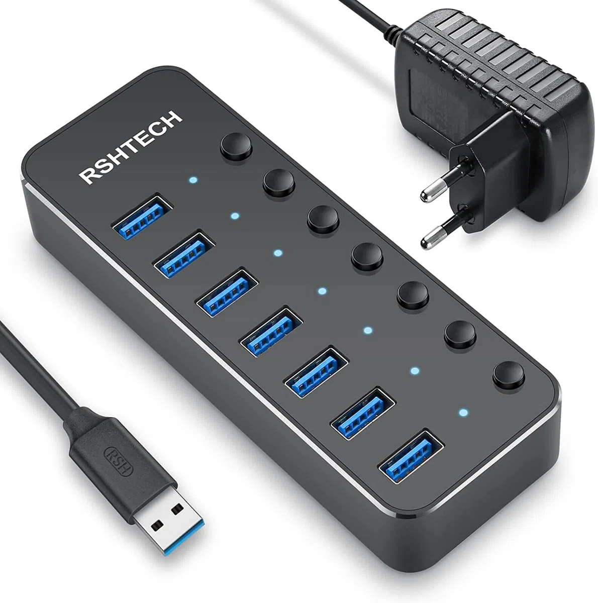 Hub USB Alimenté, RSHTECH Aluminium USB Hub 3.0 à 7 Ports Multiprise USB 3.0 avec 5V/2A Alimentation Externe Multi Port Hub, 5 Gbit/s, Commutateurs Individuels et Indicateur LED-Noir（RSH-518）