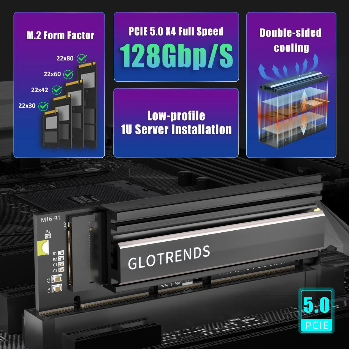 GLOTRENDS PA19-1U M.2 NVMe vers PCIe 5.0 X4 Adaptateur sans Support pour Installation sur Serveur PC 1U, Cache dissipateur Thermique en Aluminium