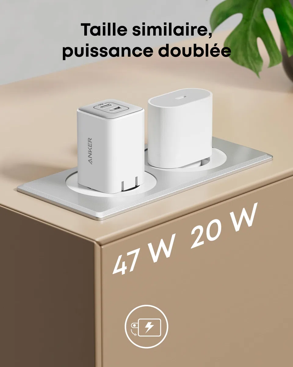 Anker 523 Chargeur USB C 47 W (Nano 3), Chargeur Samsung Charge Rapide GaN Compact 2 Ports pour iPhone 16/16 Plus/ 16 Pro Max/15/14/13, Galaxy, Pixel 4/3, iPad/iPad Mini (câble Non Inclus), Blanc