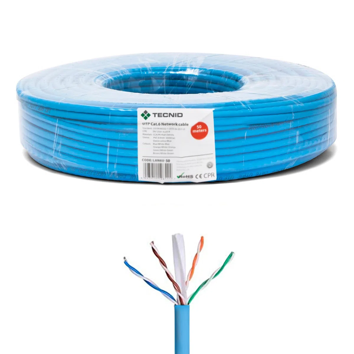 Câble réseau Ethernet | CAT6, AWG24, CCA, UTP, RJ45 | Bobine réseau | Bleu (50 mètres) | Pour la maison et le bureau