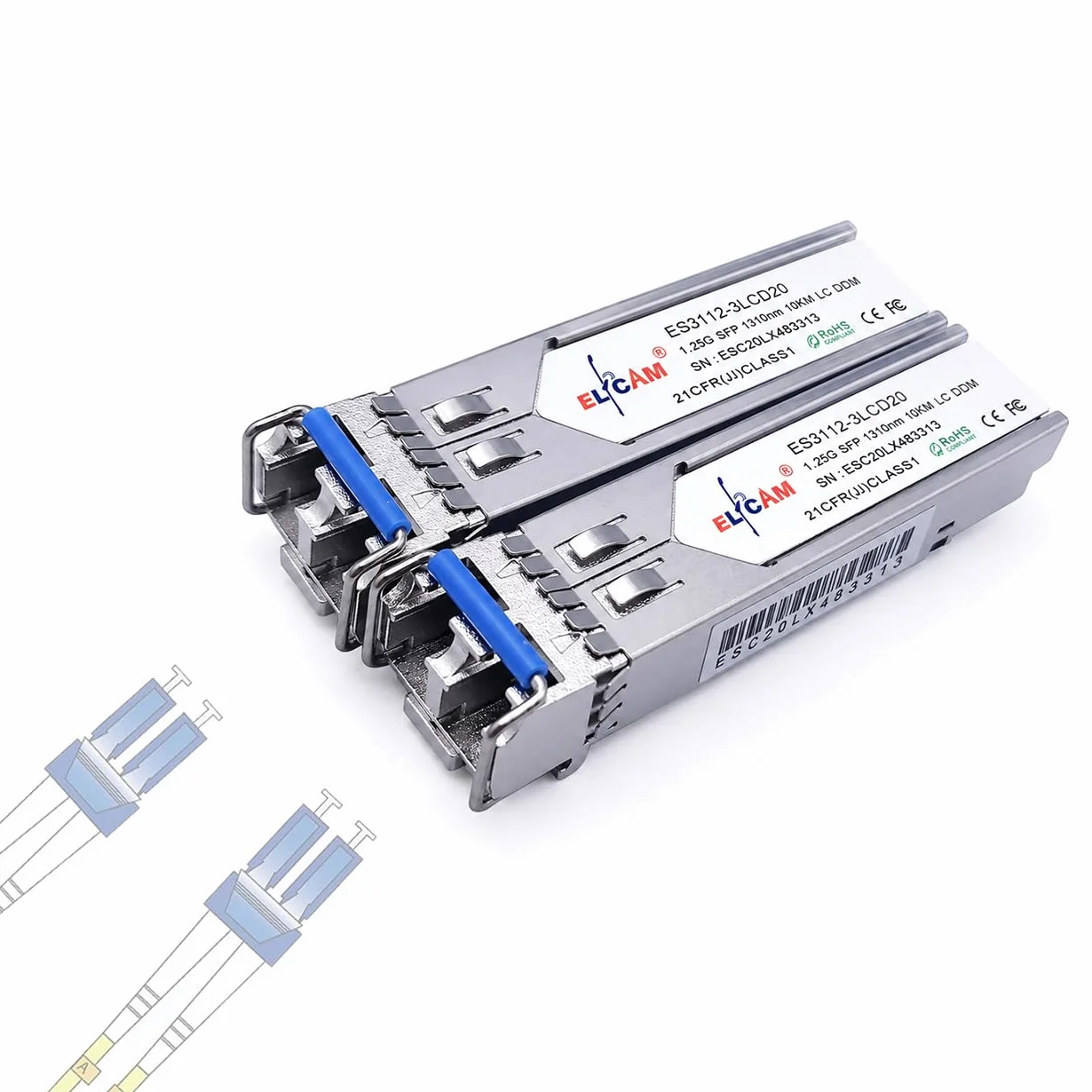 Elfcam - 2 Pack 1,25Gb SFP Module de Transceiver à Fibre Optique 1310nm 10km, Connecteur de Fibre Optique LC/UPC Monomode Duplex Compatible avec Cisco, Ubiquiti Networks, Huawei, D-Link, Open Switch
