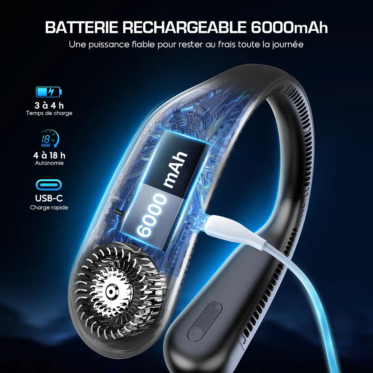 Ventilateur de Cou 6000mAh, Ventilateur Cou Sans Pales Portable, 4 Vitesses, Rechargeable USB, Longue Autonomie, pour Voyage, Bureau et Extérieur