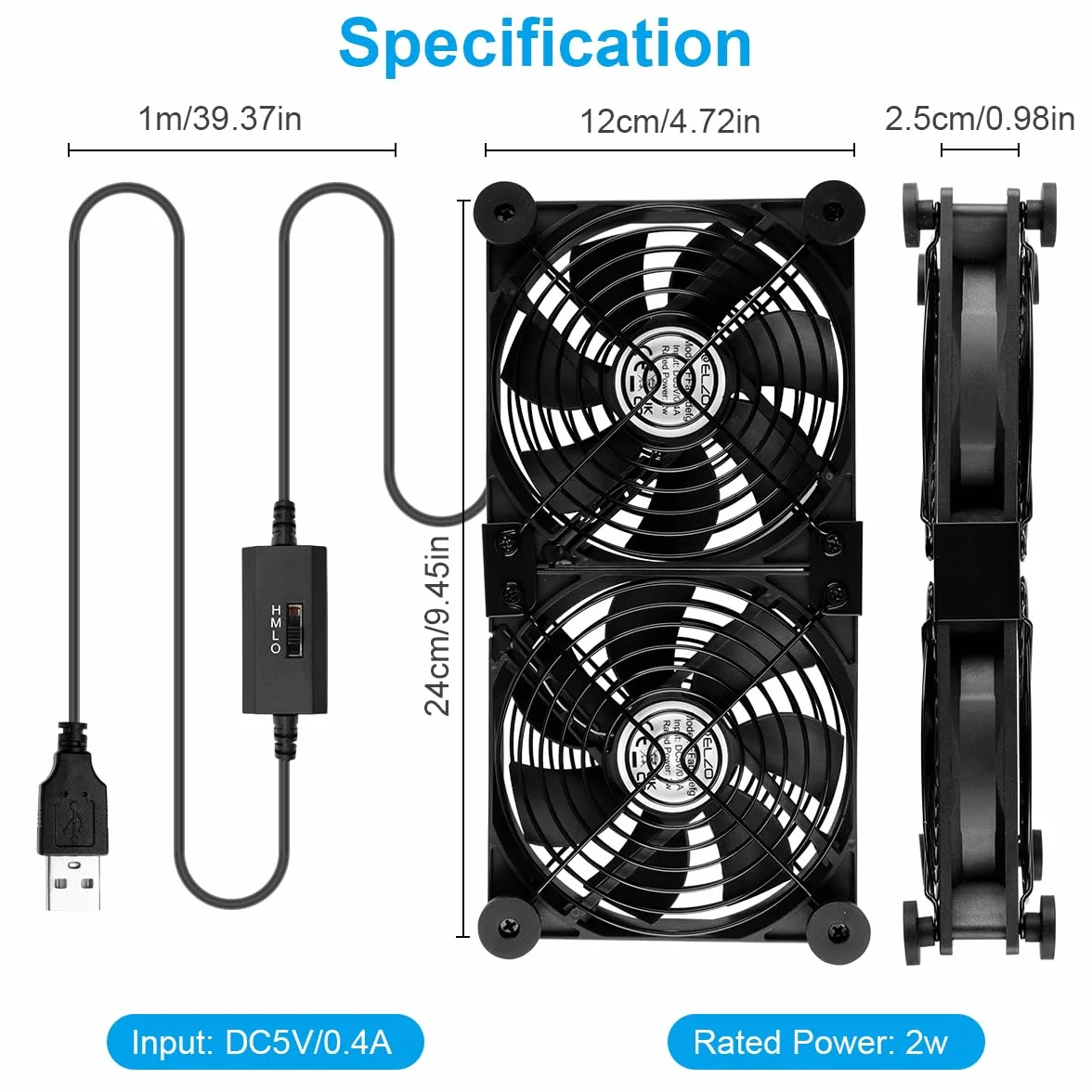 ELZO Ventilateur PC USB 120 mm double rangée 2 en 1, ventilateur d'ordinateur portable avec 3 vitesses réglables, ventilateur de refroidissement électronique avec 8 absorbeurs de chocs