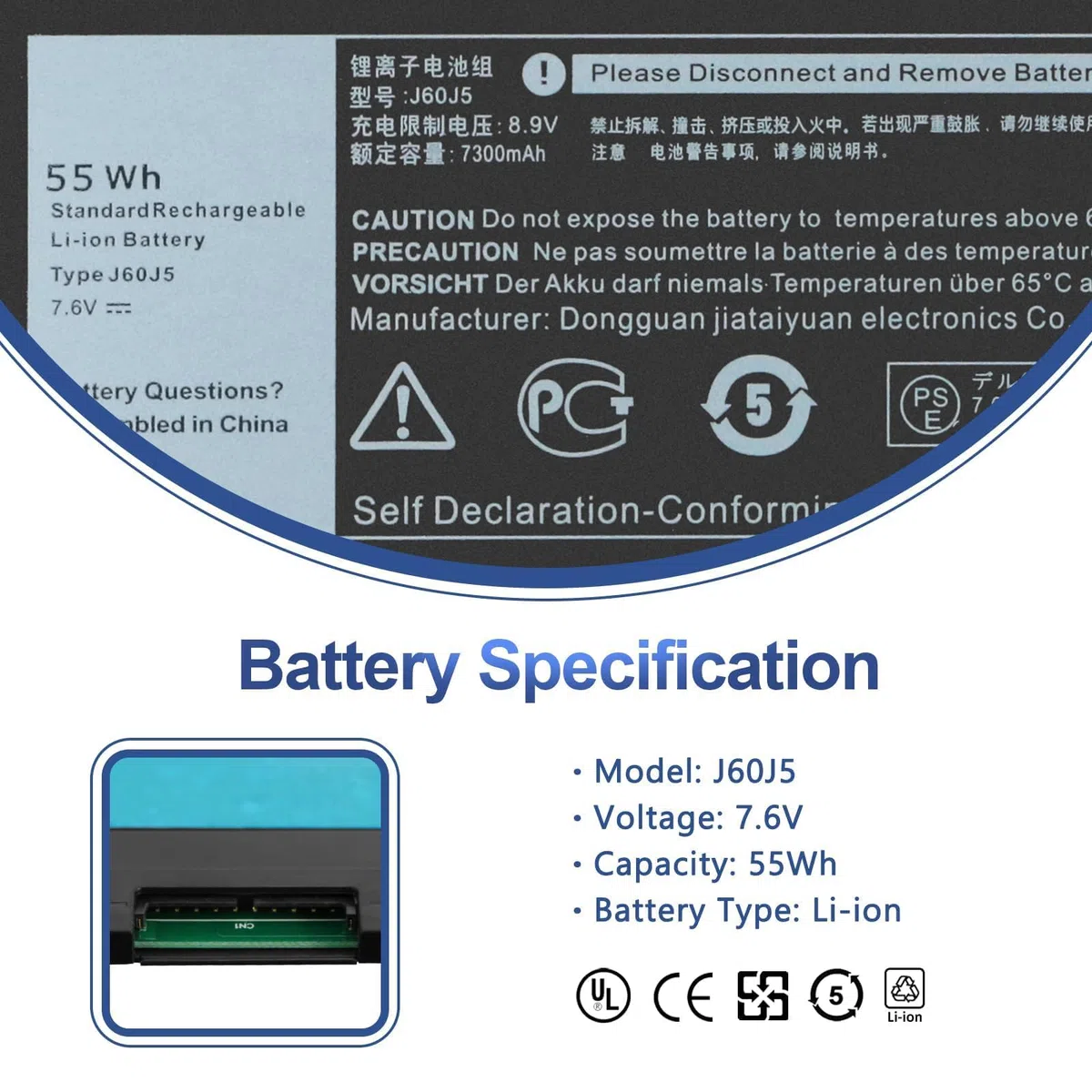 55WH J60J5 MC34Y Laptop Batterie Replacement pour Dell Latitude E7270 E7470 Series Notebook R1V85 451-BBSX 451-BBSY 451-BBSU 242WD 1W2Y2 MC34Y GG4FM WYWJ2 7.6V