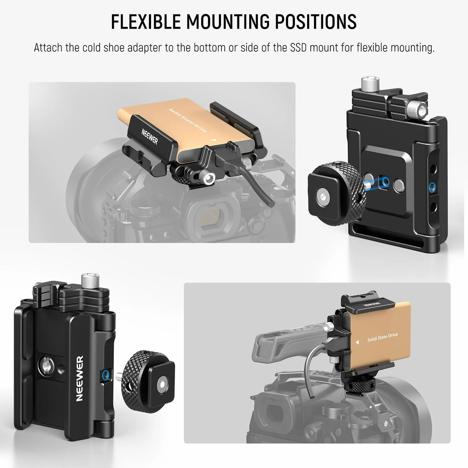 Neewer Support de Montage SSD en Aluminium avec Cold Shoe Serre Câble, 1,6"-2,6"/40-65 mm Compatible avec Samsung T5 T7 SSD SanDisk Compatible avec SmallRig Cage pour BMPCC 4K 6K pour Sigma FP, UA035