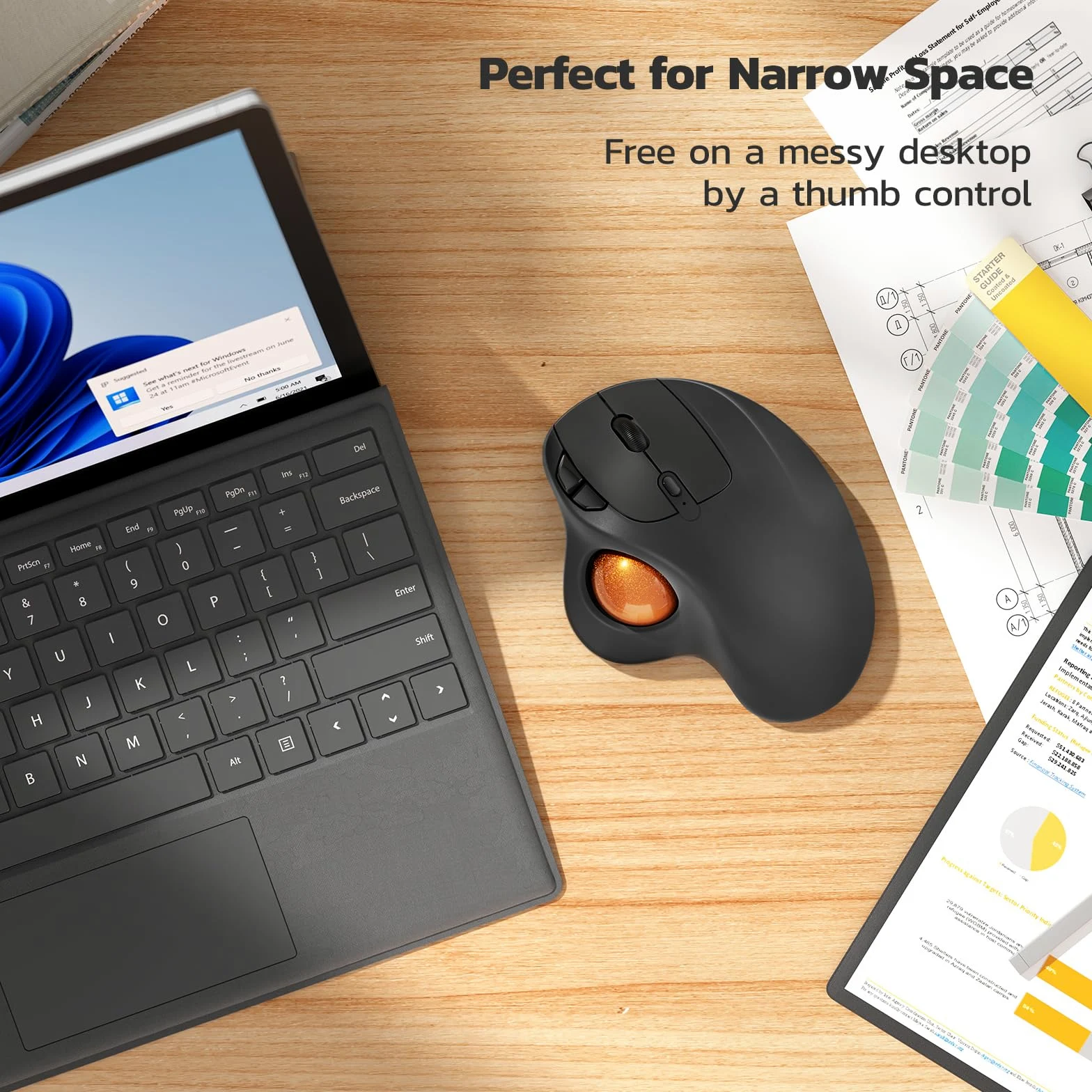 Nulea Trackball ergonomique rechargeable M501 – Contrôle par le pouce, suivi fluide, 3 appareils (Bluetooth/USB), compatible avec PC, ordinateur portable, Mac, Windows (orange pâle)