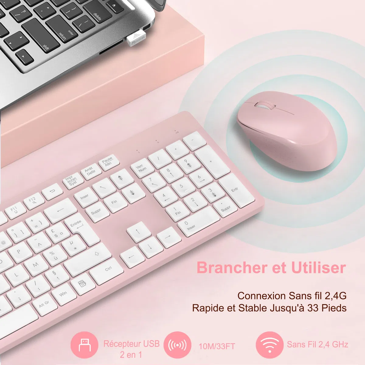 LeadsaiL Ensemble Clavier et Souris sans Fil, Ultra Mince and Silencieux Clavier AZERTY Français Pleine Taille 2.4G avec Récepteur USB pour PC, Ordinateur Portable, Windows, Mac -Rose