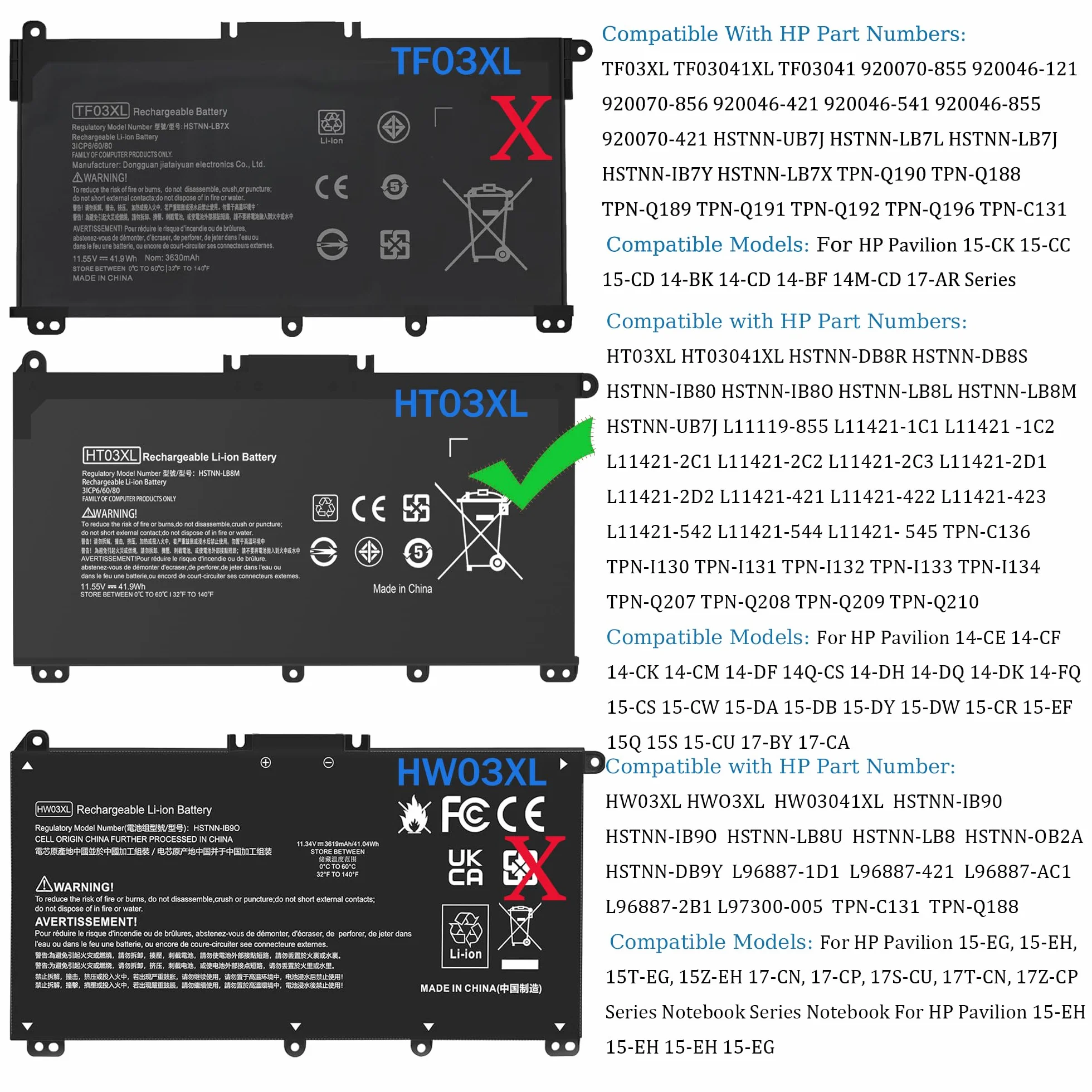 HT03XL Batteria per Computer portatile HP L11119-855 Batteria per Pavilion 15-DA 15-DB 15-DW 15-CS 15-DY 17-by 17-CA 14-CE 14-CF 14-DF 14-DQ 14-DK Series 15-CS0053CL 15-DA001 4DX HSTNN-U. B7J