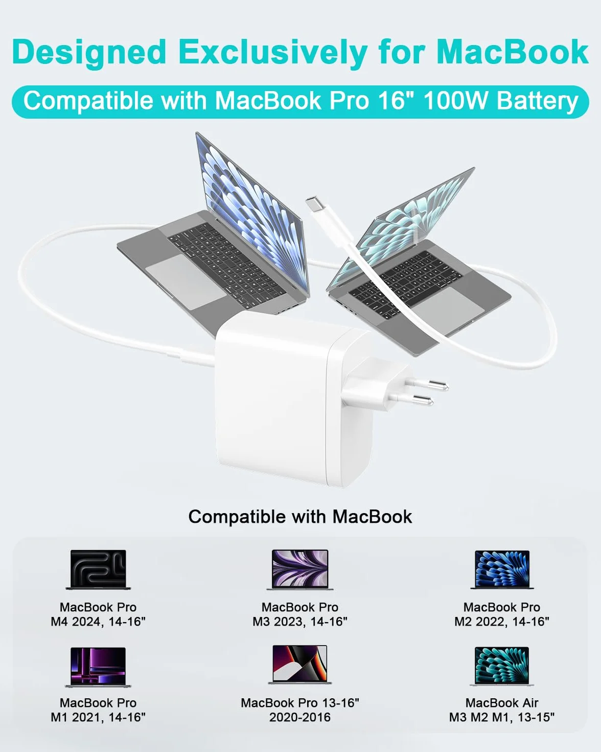 Chargeur USB C 100 W Compatible avec MacBook Pro 16 14 Pouces, MacBook Air 15 13 Pouces 2025 2024 2023 2022 2021 2020 2019 2018 M4 M3 M2 M1, Câble de Charge USB-C 2M 5A (Blanc)