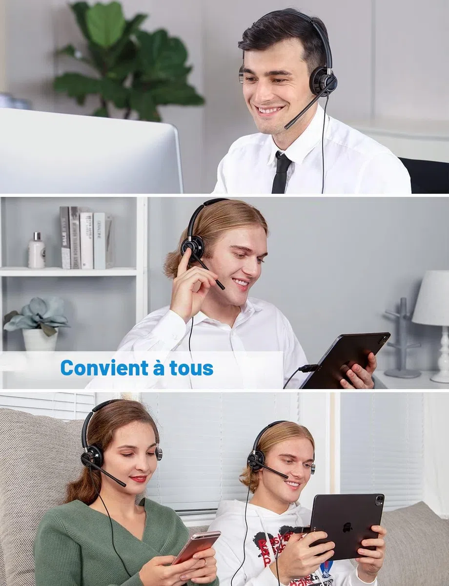 New Bee Casque PC avec Micro, Casque Audio Filaire, Casque USB/Type-C/3,5 mm Stéréo écouteur d'écoute Oreillette Professionnelle pour Webinaire Skype Chat Cours en Ligne et Musique(1 pièce)