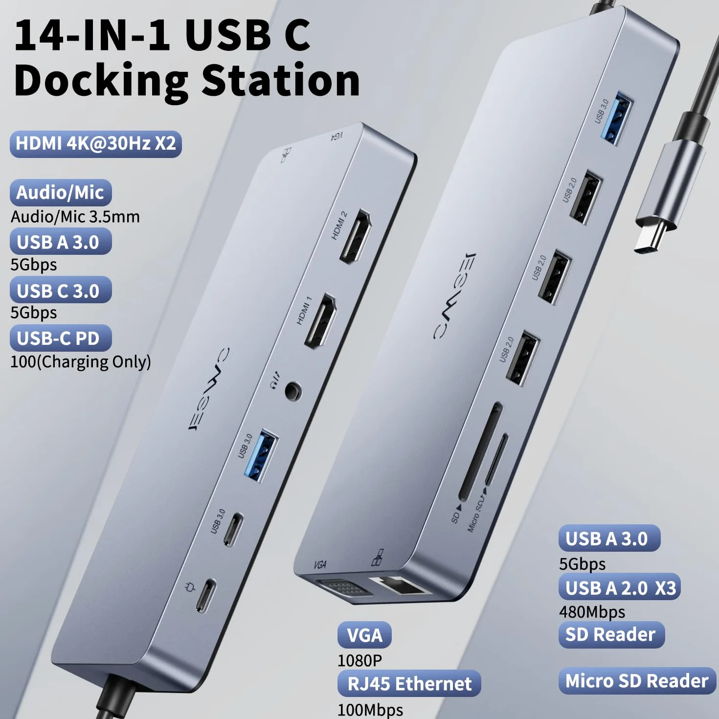 Docking Station USB C,JESWO 14-en-1 Dock USB C vers Dual HDMI, VGA, Ethernet, Mulit USB 3.0&2.0, 100W PD, Type-C Data, SD/TF, AUX Jack pour Windows 11, 10, Mac OS, and iPad OS