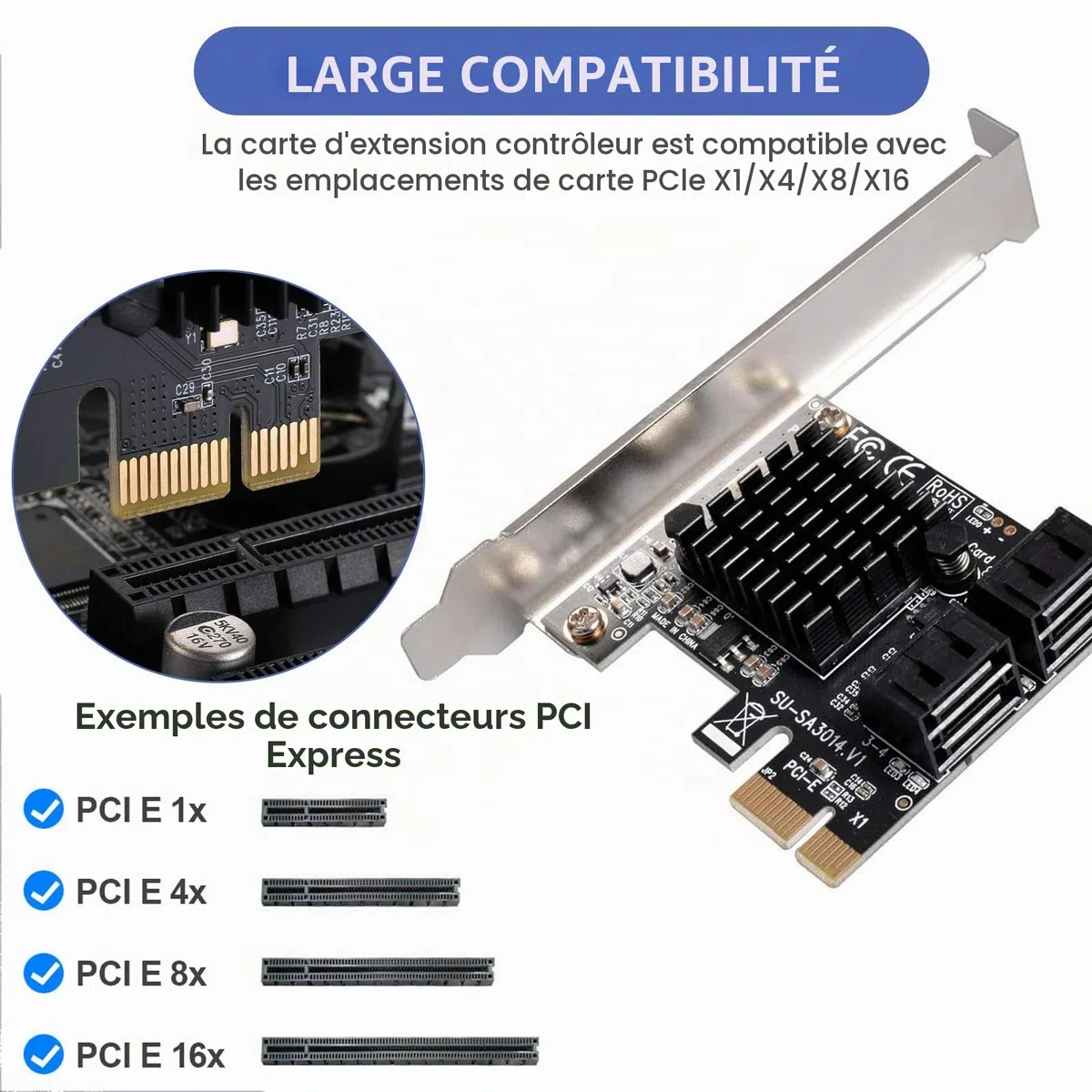 Carte PCIE 1 x SATA 4 Ports, avec 4 câbles SATA et Support à Profil Bas, contrôleur PCIE vers SATA 3.0 6 Gbit/s, Carte d'extension PCIE vers SATA, Carte PCIE contrôleur SATA