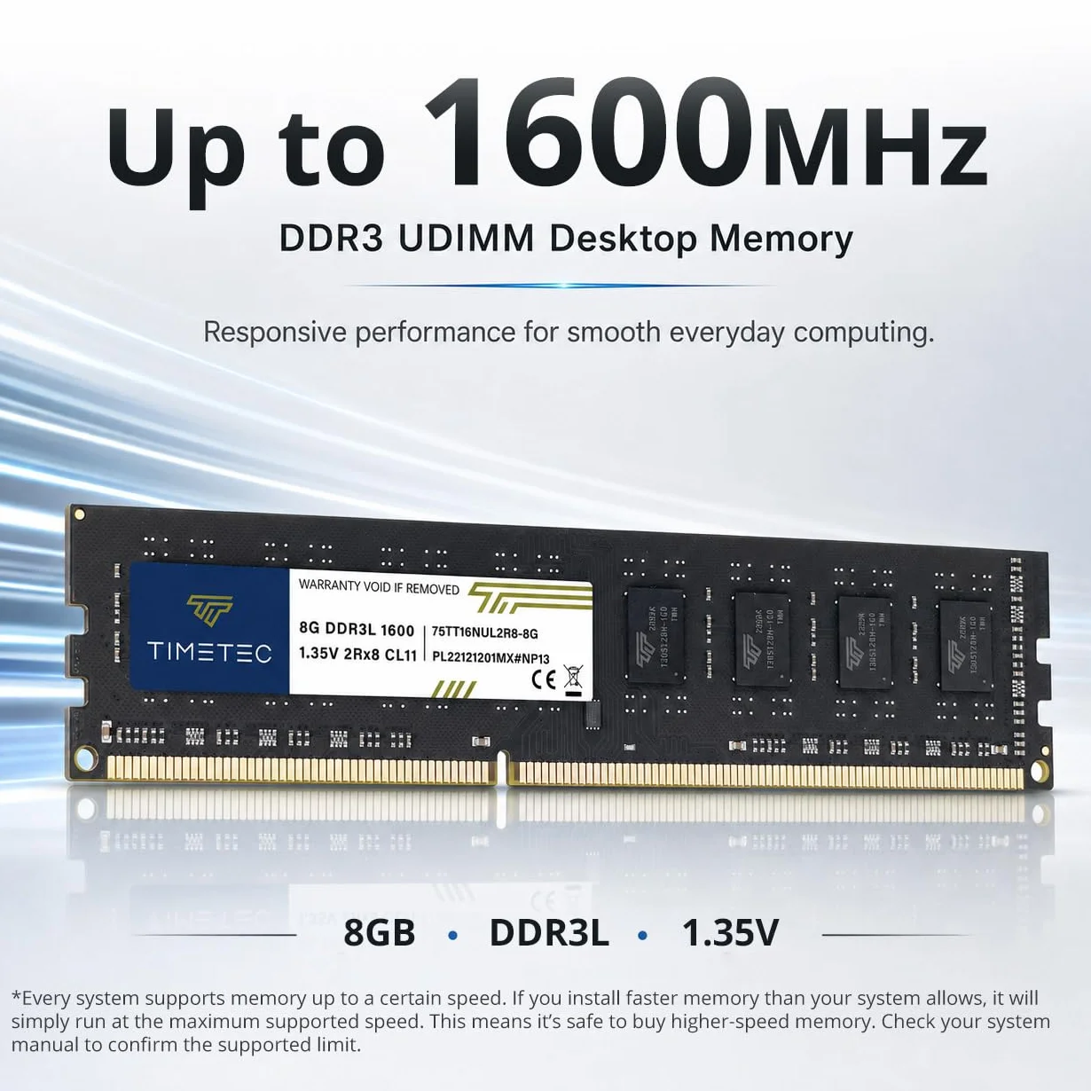 Timetec 8 Go DDR3L/DDR3 1600MHz PC3L-12800/PC3-12800 (PC3-12800U) Non-ECC sans Tampon 1.35V/1.5V CL11 2Rx8 Double Rang 240 Broches UDIMM Ordinateur de Bureau mémoire RAM Module Mise à Niveau