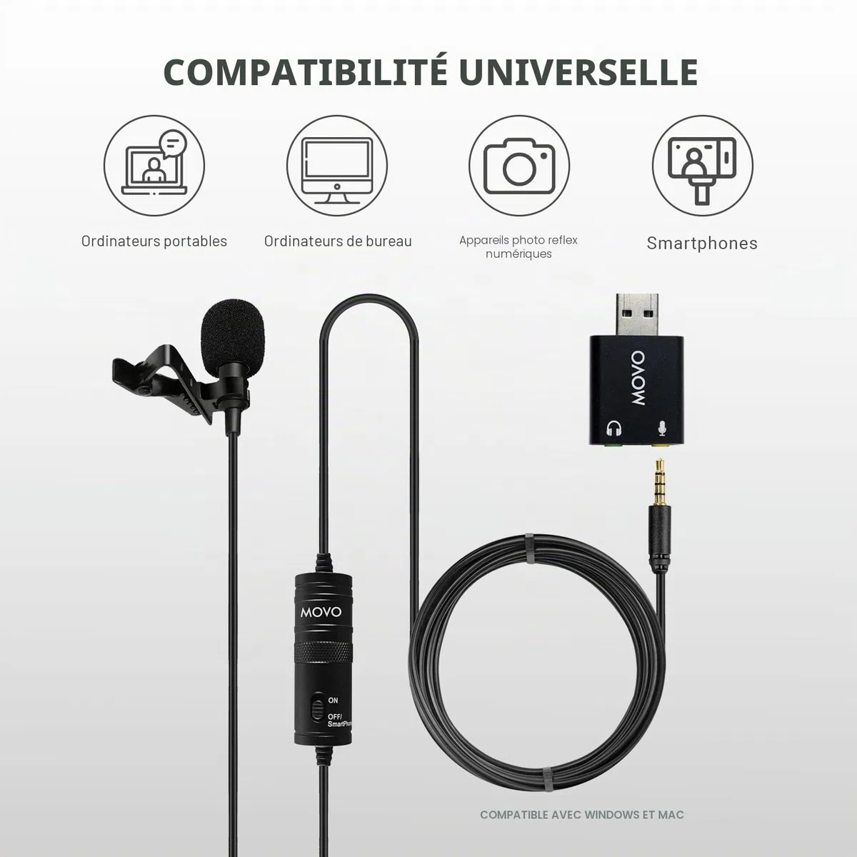 Microphone Universel Lavalier USB Movo pour Ordinateur avec Adaptateur USB Compatible avec Les PC et Les Mac, Smartphones, appareils Photo, podcasting, Microphone Portable (Cable de 6 mètres)